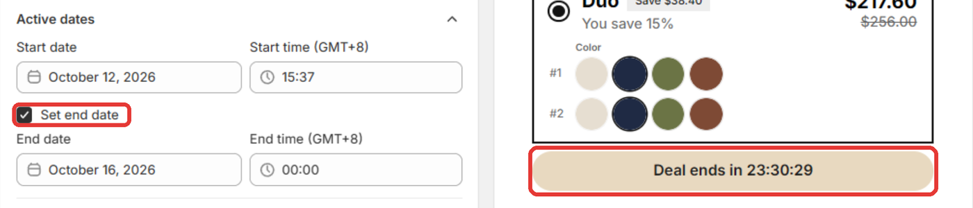 Settings card with Active dates open: Set end date ticked, End date and End time filled, and the preview on the right showing the tinted bar reading Deal ends in with a live countdown. Highlighted: Set end date and the countdown bar in the preview.