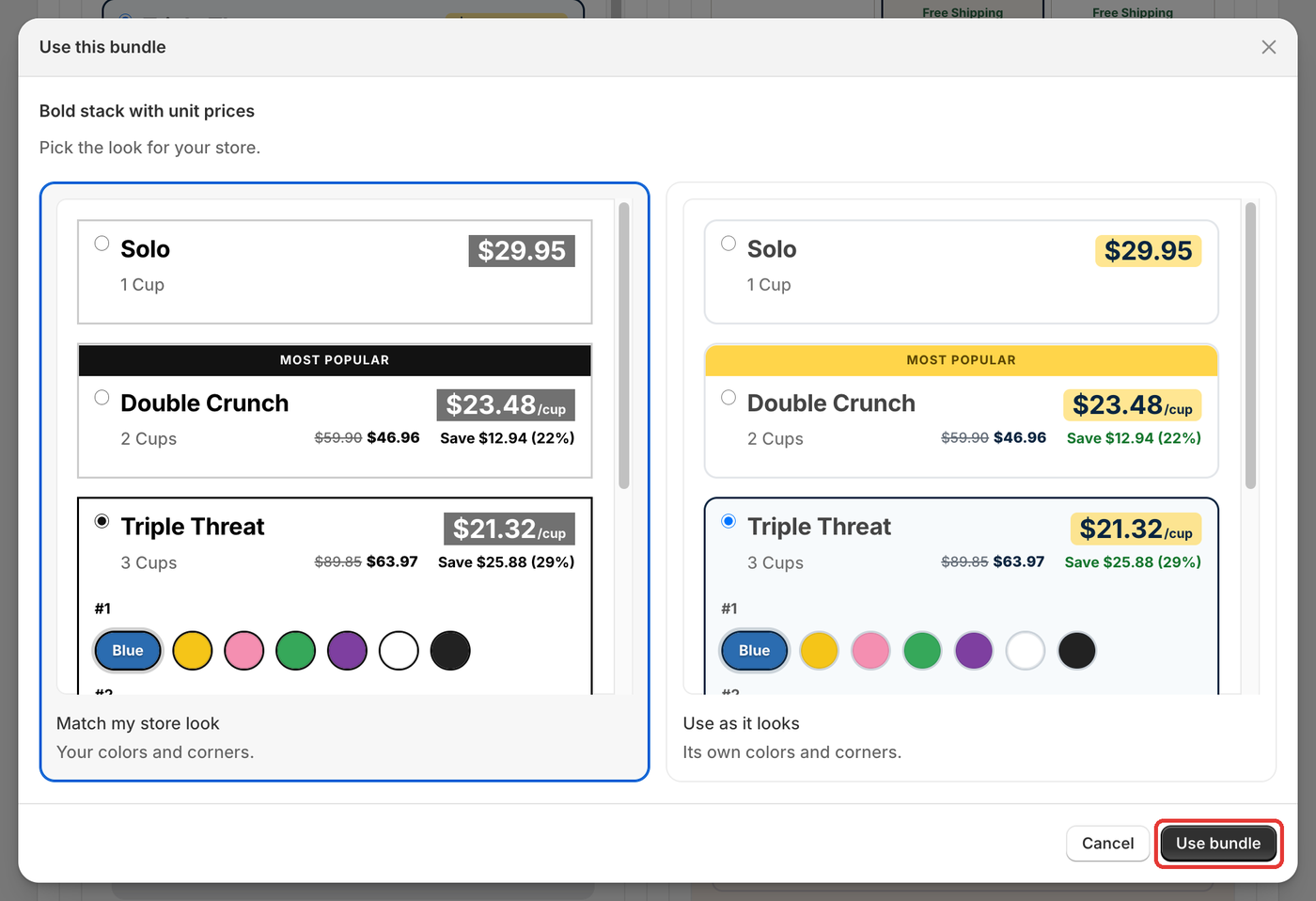 Use this bundle dialog with two previews side by side: Match my store look (your colors and corners) selected on the left, Use as it looks (its own colors and corners) on the right, with Cancel and Use bundle buttons. Highlighted: Use bundle.