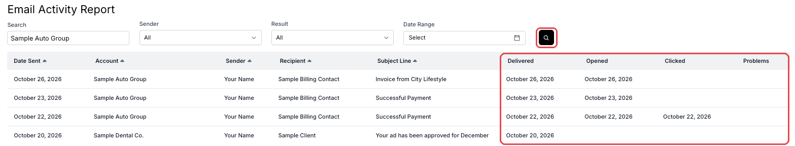 Email Activity Report showing Delivered, Opened, Clicked and Problems columns