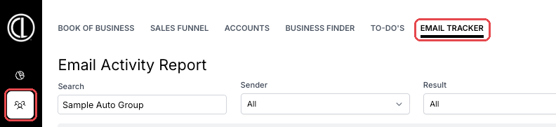 Accounts icon in the left menu and the Email Tracker tab