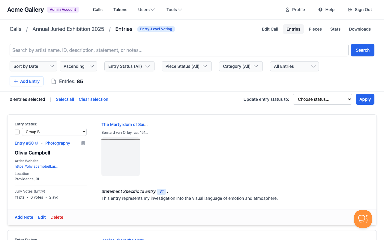 Entry list with filters and search