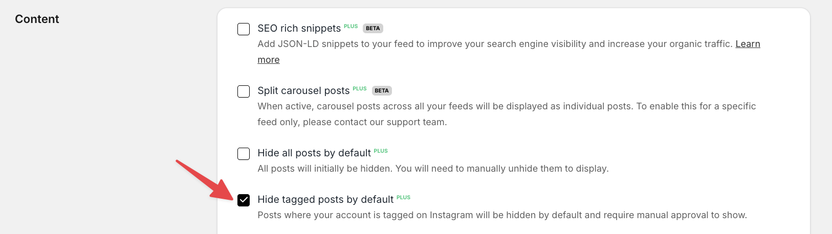 Screenshot of Instafeed app UI, showing an arrow on 'Hide tagged posts by default'