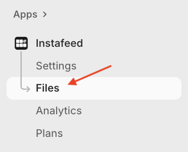 Instafeed menu in Shopify admin, with a red arrow pointing to the Files option.