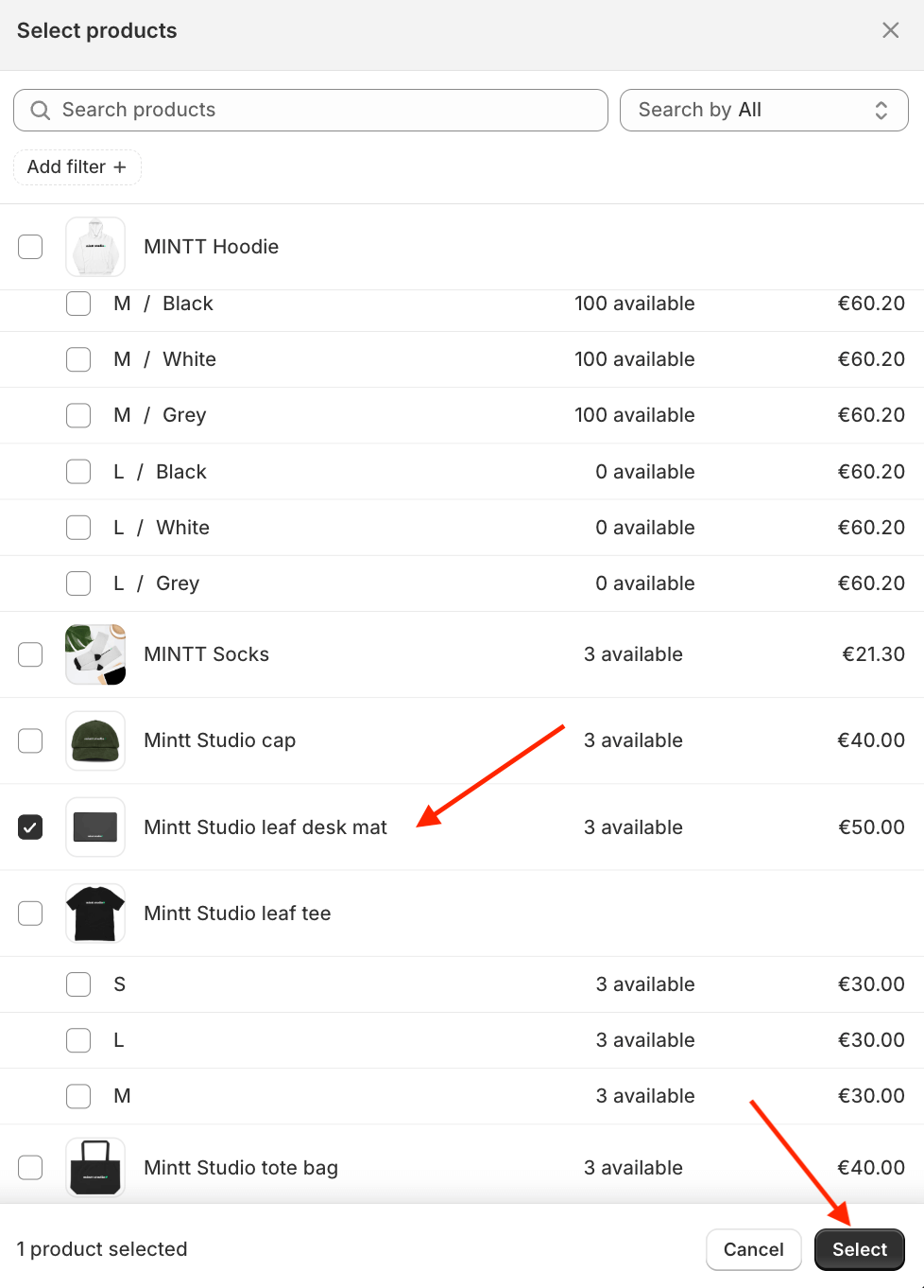 Screenshot of the Shopify product selector, opened in the Instafeed app. It shows a list of products wtih red arrows pointing to a selected product and the select button. 