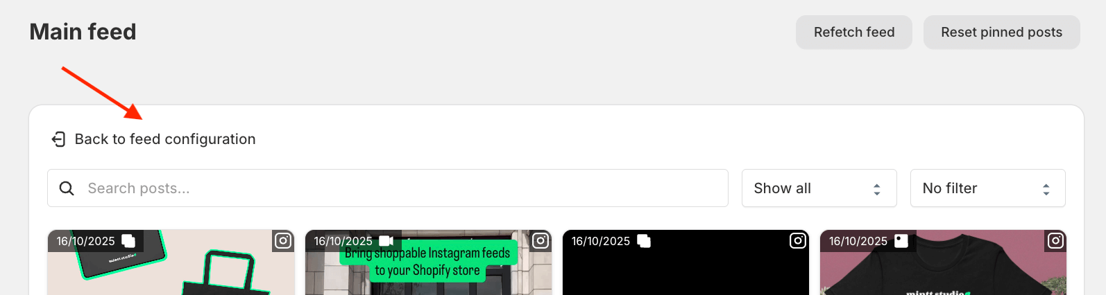 Screenshot of Instafeed user interface, with a red arrow pointing to the back to feed configuration button.