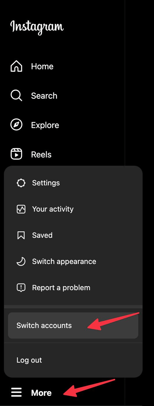 Instagram website, with red arrow pointing to 'more menu', then 'switch accounts'.