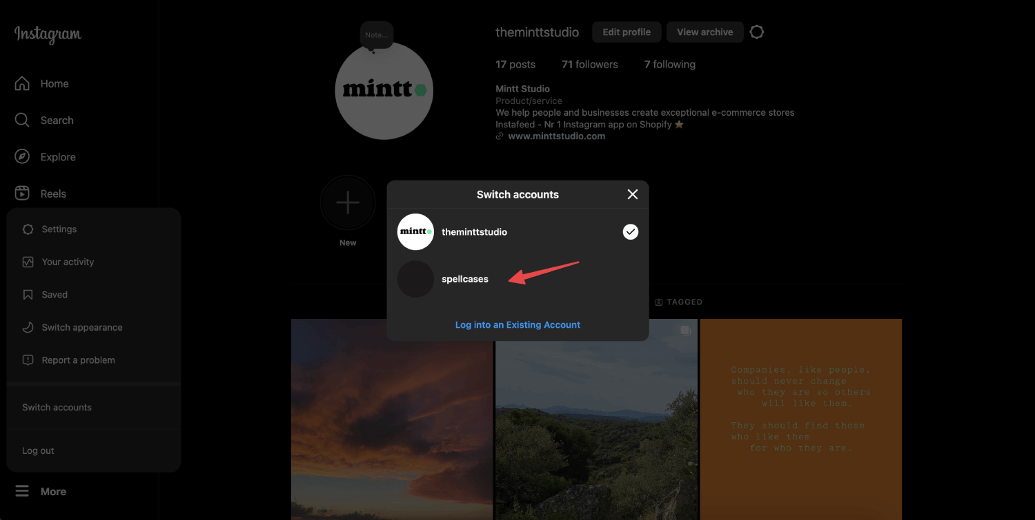 Instagram website showing the switch accounts pop-up, with a red arrow pointing to an account.