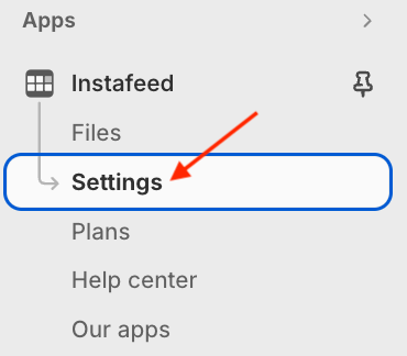 Instafeed app menu on Shopify left bar, with a red arrow pointing to the settings page. 