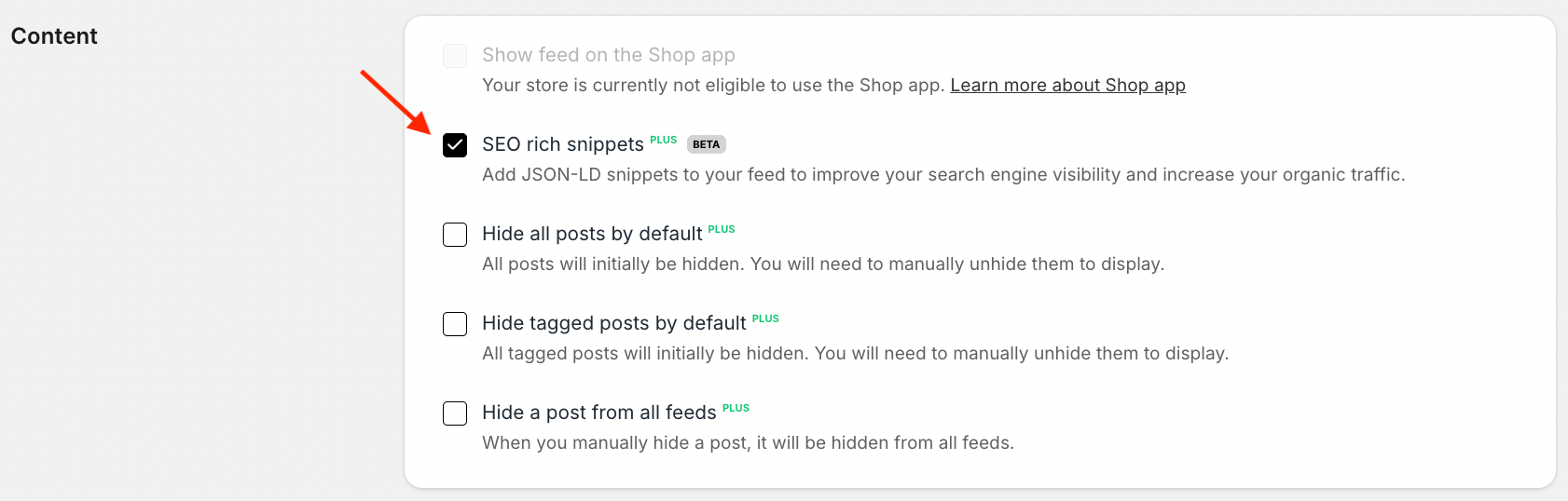 Instafeed settings page, showing a red arrow pointing to the checked option 'SEO rich snippets'.