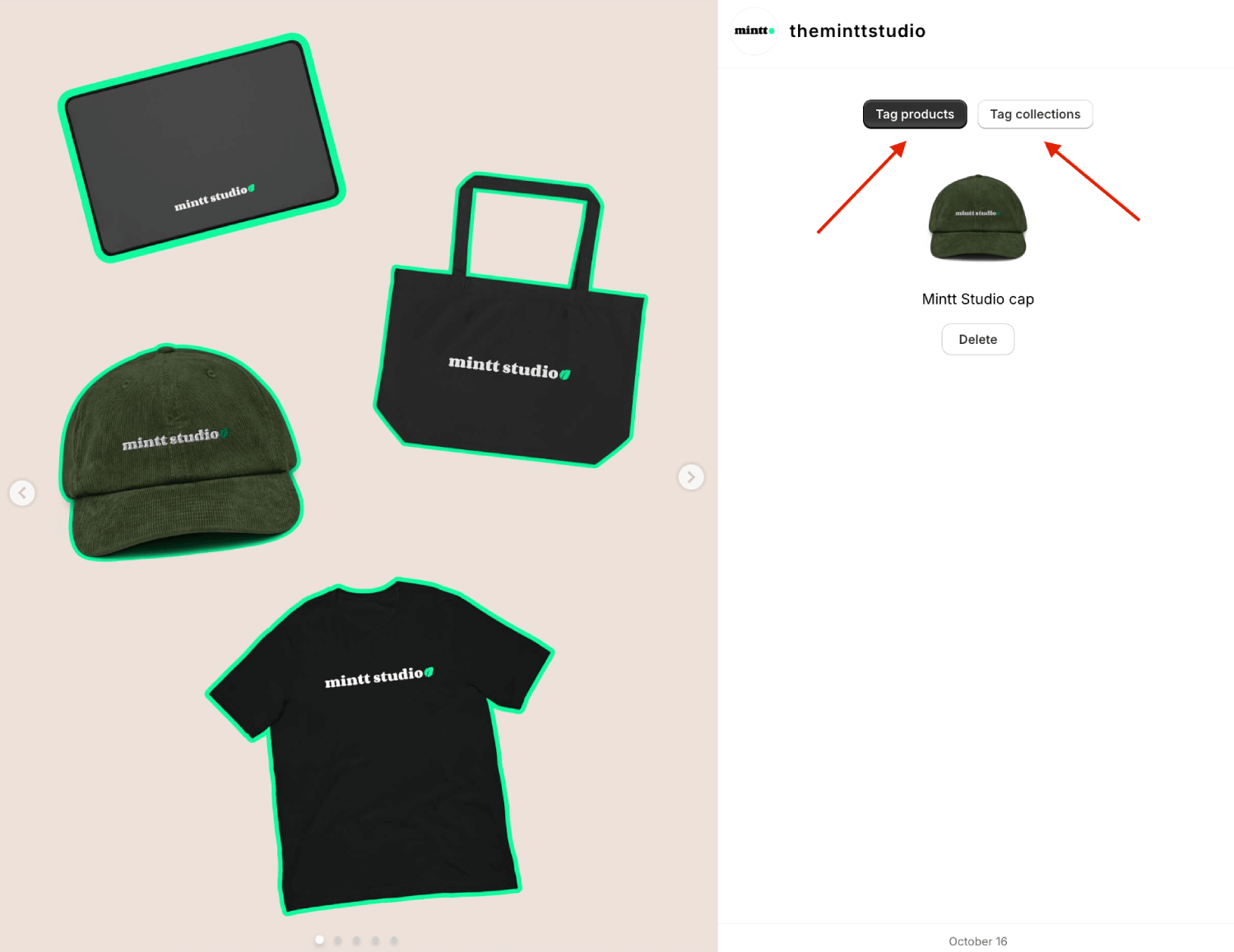Tag products pop-up on Instafeed app. Two red arrows are pointing to the tag collections and tag products buttons.