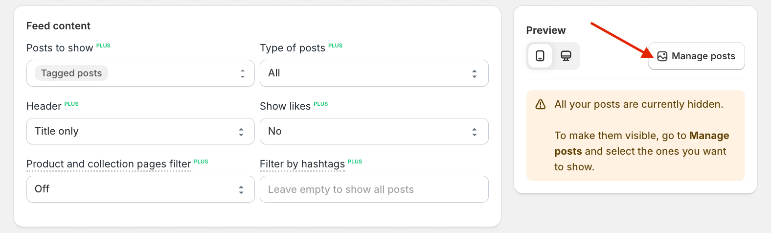 Instafeed app, showing a red arrow pointing to the manage posts button, in the preview section.