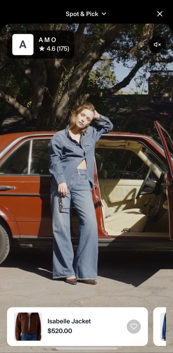 Photo of a women modelling a denim outfit on Spot & Pick, with a shoppable product below.