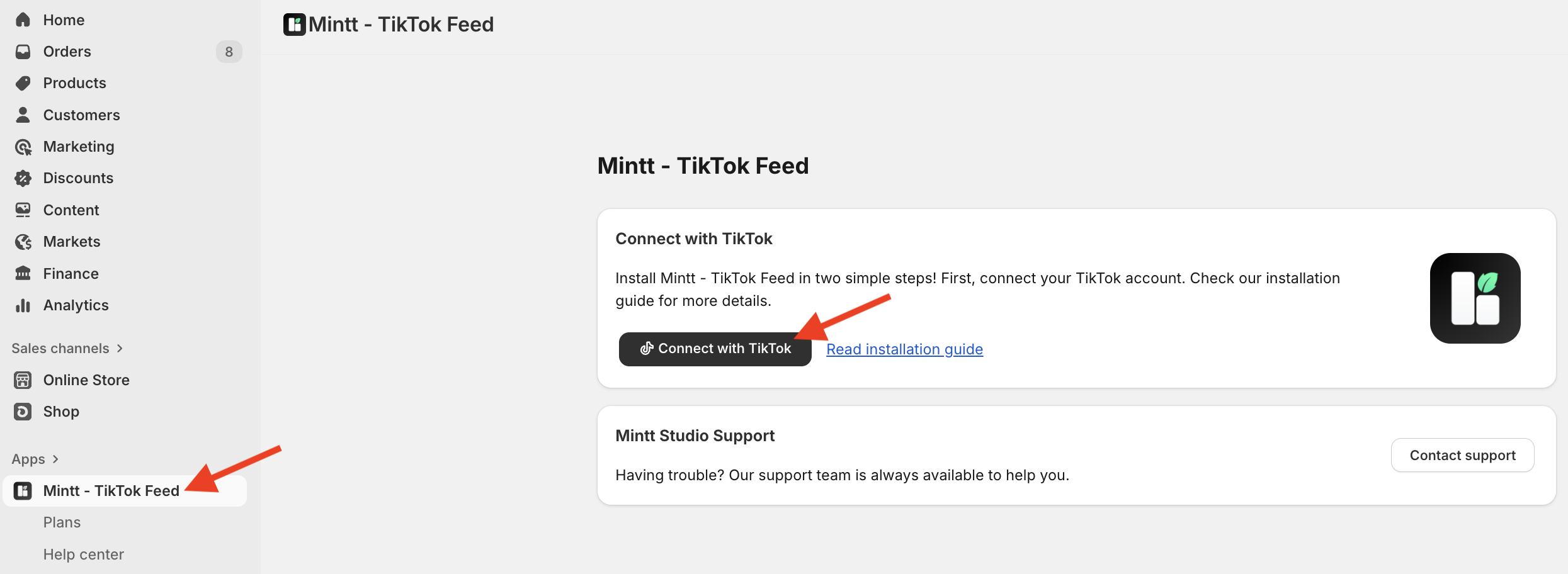 Mintt - TikTok Feed dashboard showing the option to connect with TikTok.