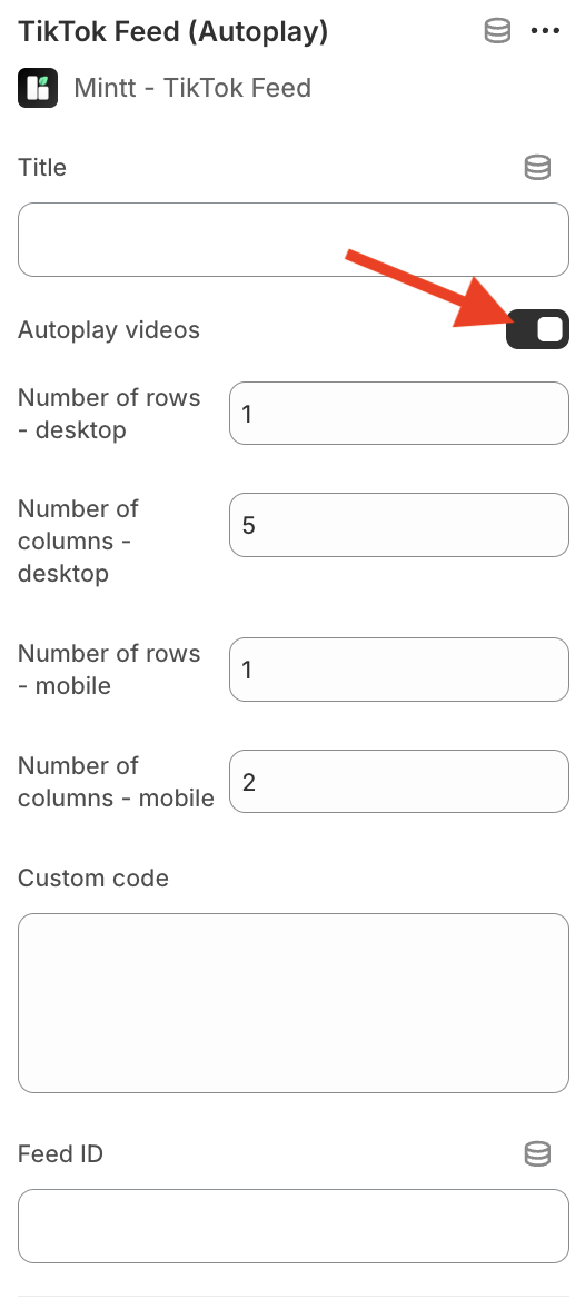 Shopify theme editor showing the TikTok Feed (Autoplay) section with the Autoplay videos option highlighted.