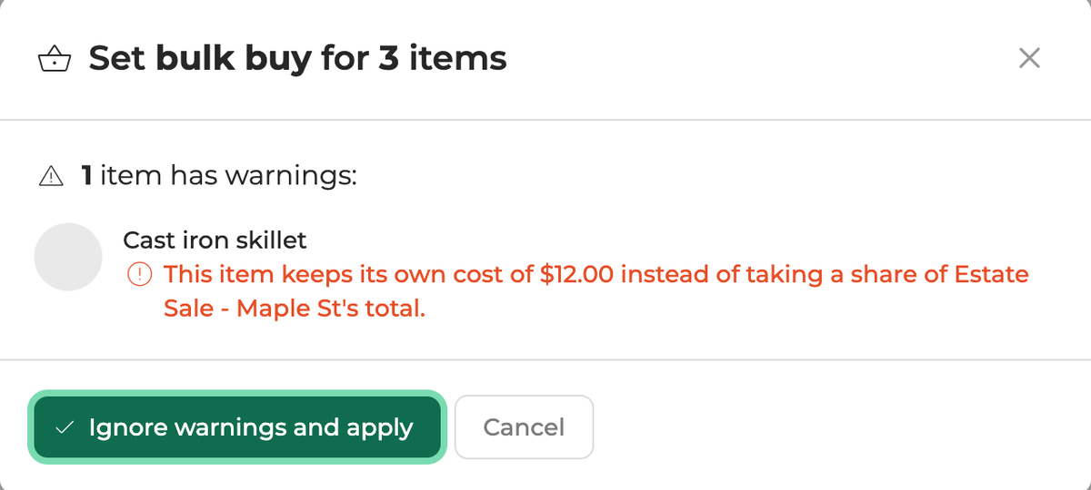 The Add to bulk buy review: the cast iron skillet keeps its own cost of $12.00 instead of taking a share of the total.