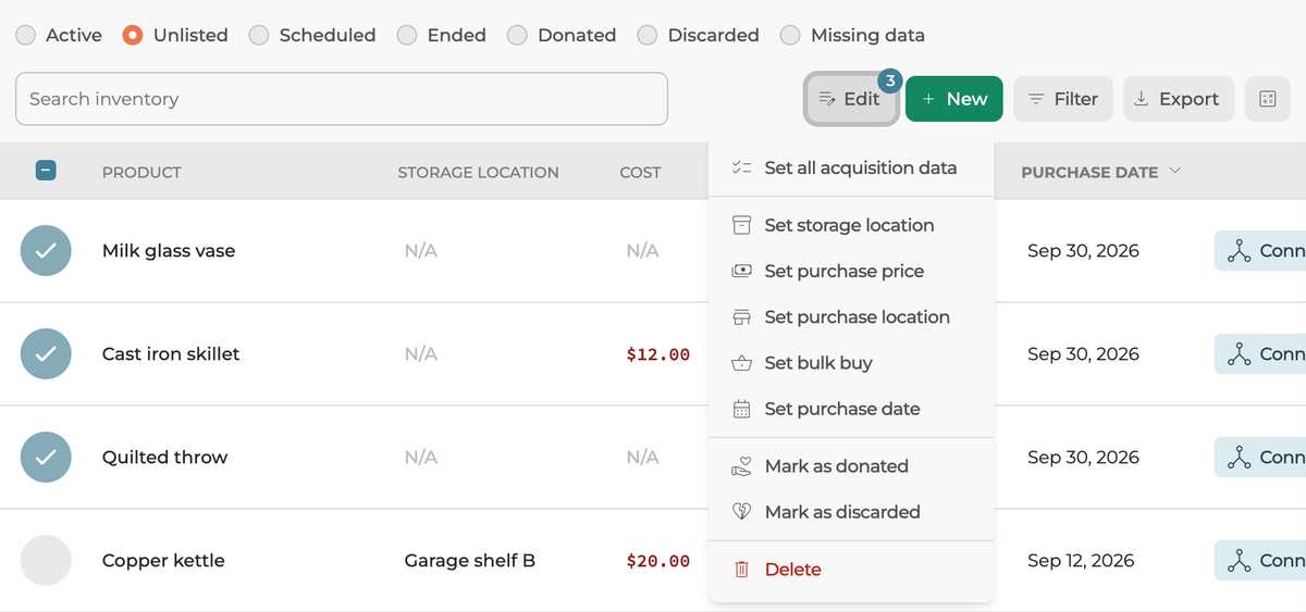 The Edit menu on the Inventory table with three items ticked, showing Add to bulk buy among the options.