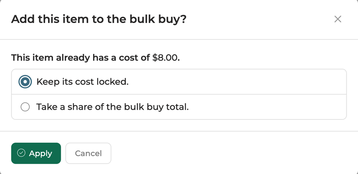 Add this item to the bulk buy? This item already has a cost of $8.00, with Keep its cost locked selected.