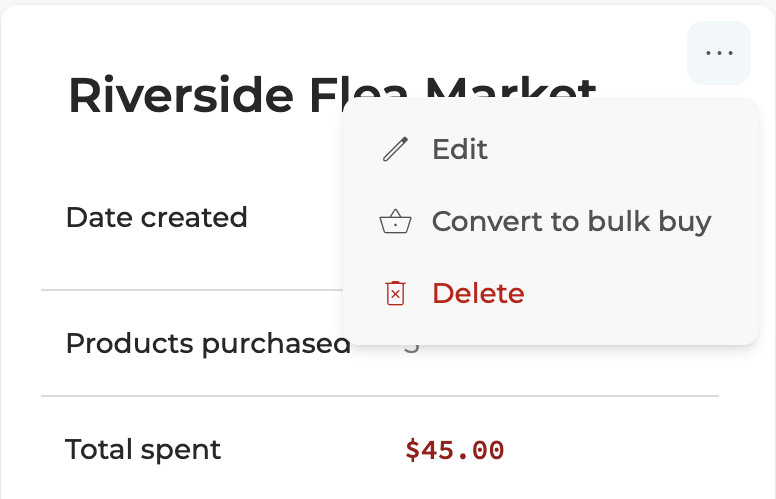 A purchase location's menu with Edit, Convert to bulk buy and Delete.