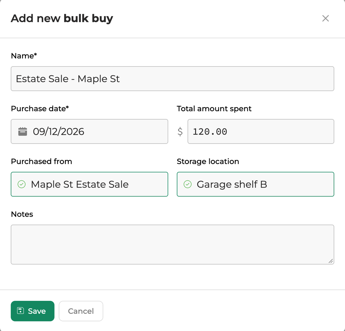 The Add new bulk buy form, filled in: Estate Sale - Maple St, bought 09/12/2026 for $120.00, purchased from Maple St Estate Sale, stored on Garage shelf B.
