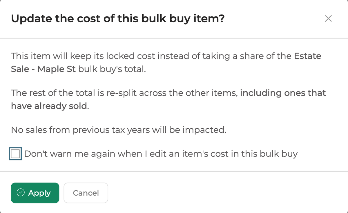 Update the cost of this bulk buy item? The item will keep its locked cost, and the rest of the total is re-split across the other items.