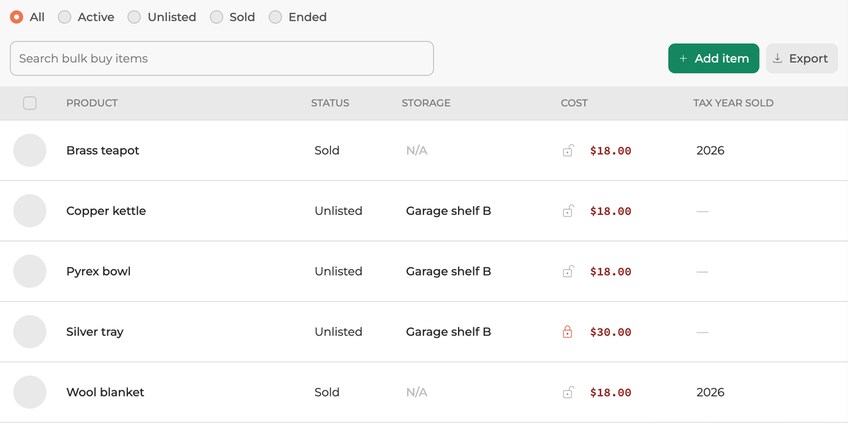 A bulk buy's items table. Five items show an open lock at $18.00; the silver tray shows a red closed lock at $30.00.