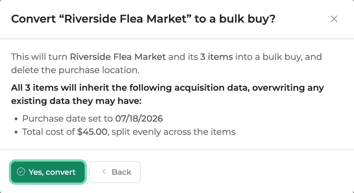 The conversion summary: all 3 items take the purchase date 07/18/2026 and a total cost of $45.00, split evenly across the items.