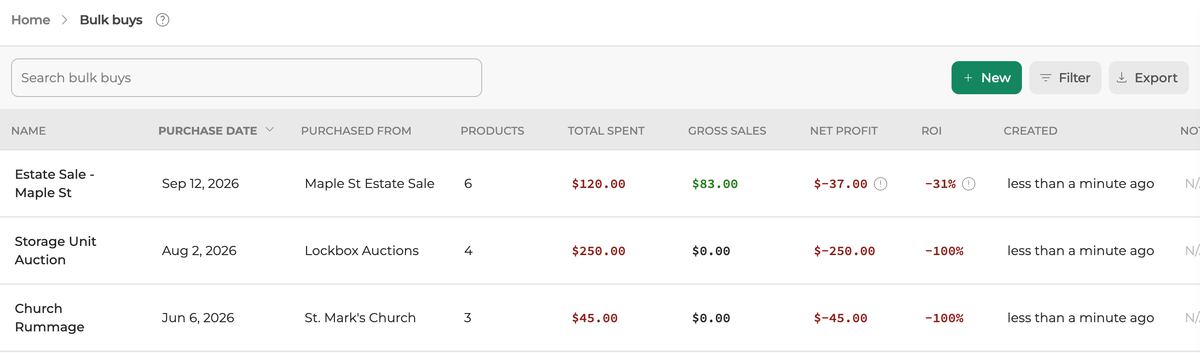 The Bulk buys list, with three bulk buys and the + New button at the top right.