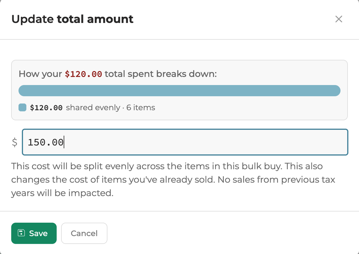 The Update total amount window, with the current breakdown at the top and $150.00 typed.