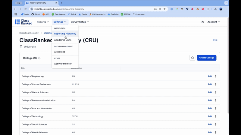 In the example, we navigate into the School of Environmental Engineering and create a new Department called, “Department of Civil Engineering”