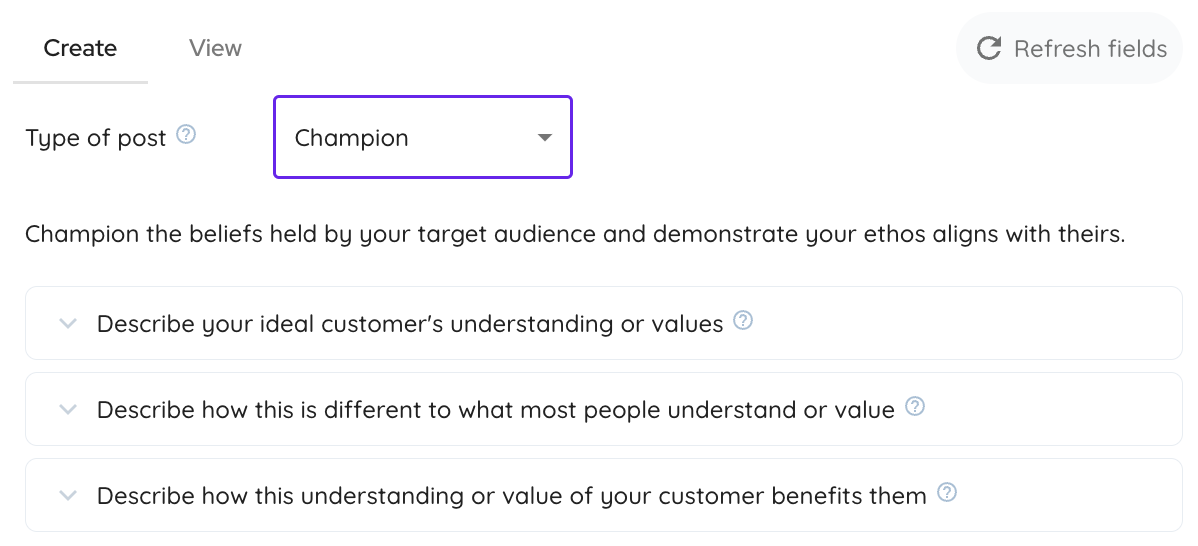 LinkedIn champion post fields