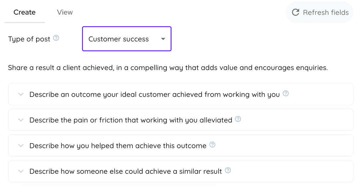 LinkedIn customer success post fields