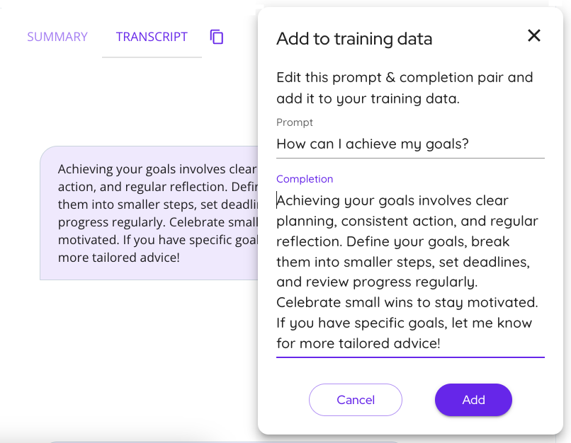 Example 'add to training data' box
