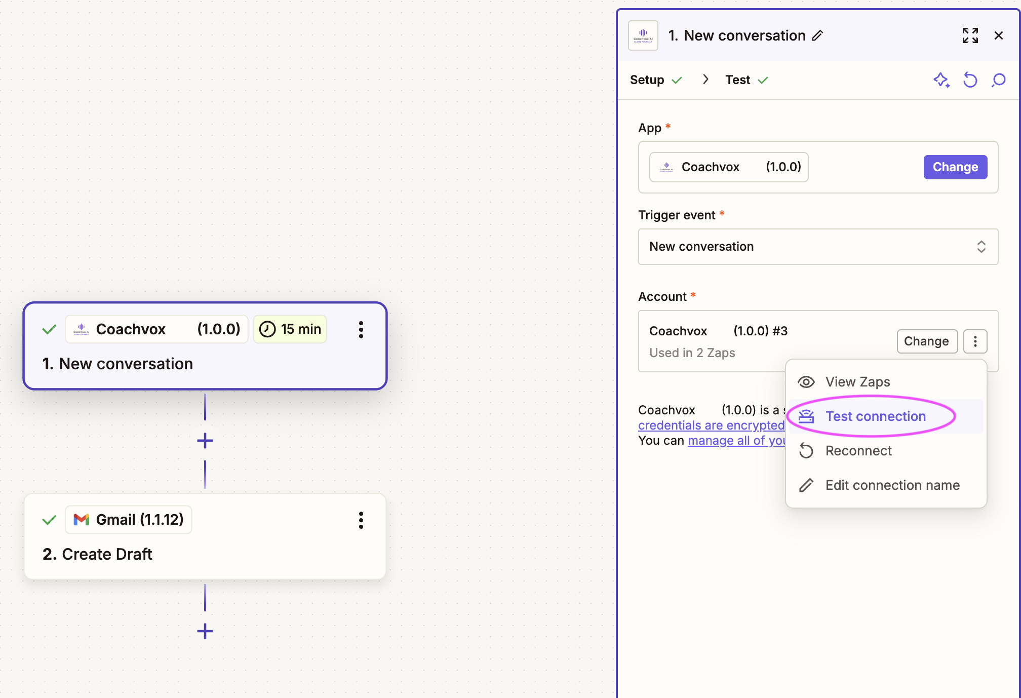 Zap test connection example