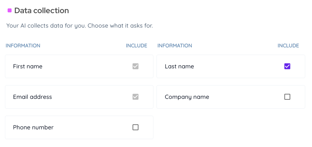 Data collection options table