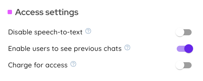 Access settings options