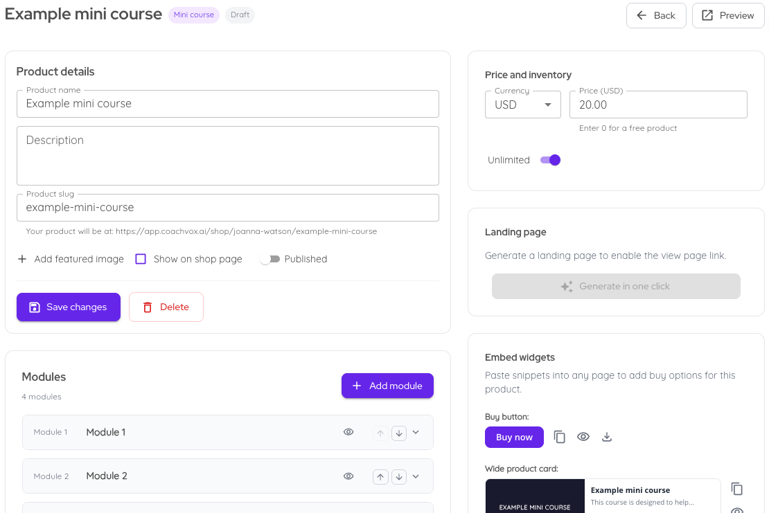 Coachvox new product editor