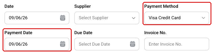 Card purchase with the payment method and payment date filled in