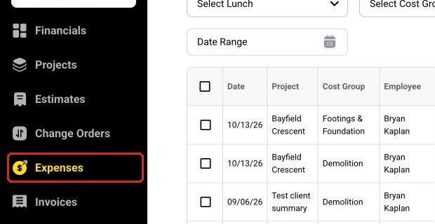 The Expenses tab in the left menu