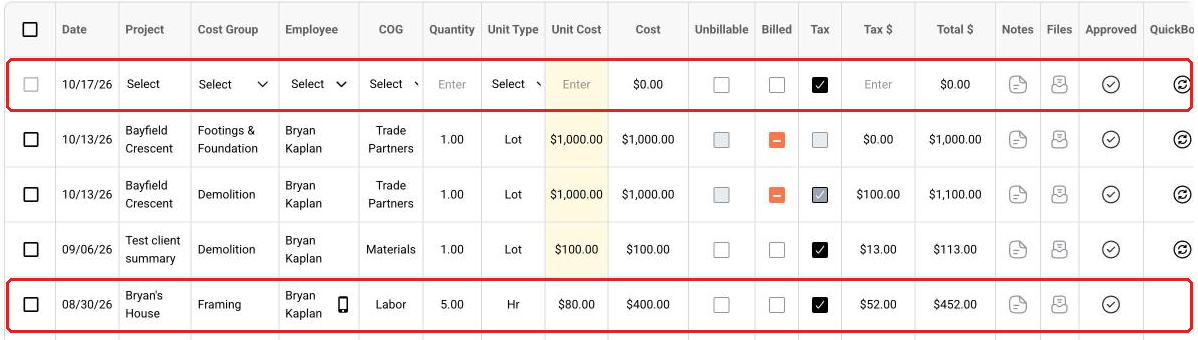 A new blank row and a filled-in time row on the Expenses page