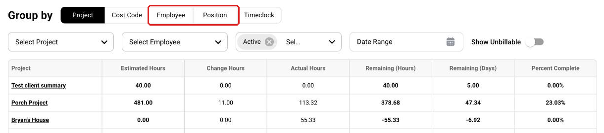 The Employee and Position options on the Labor page