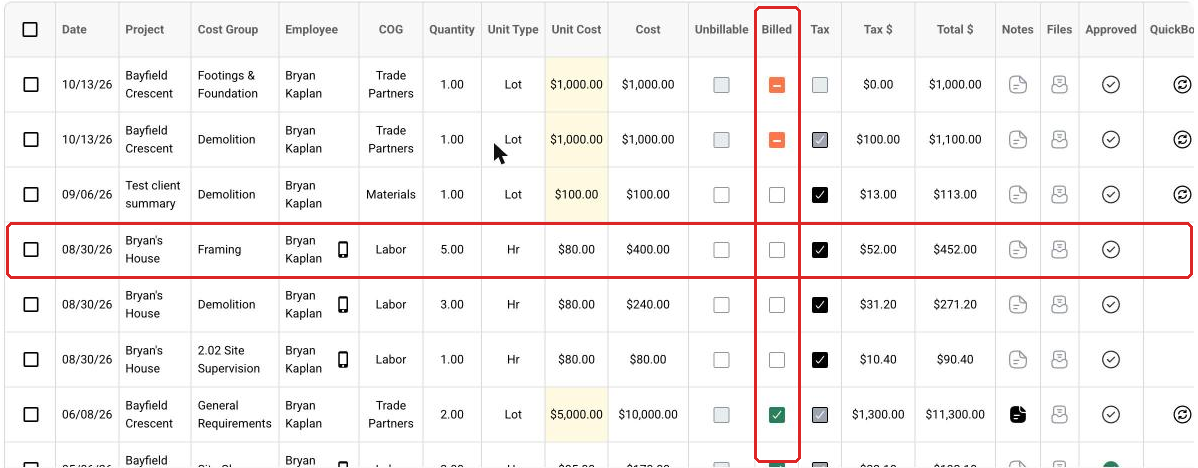 The Billed column on the Expenses tab