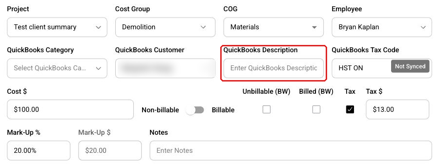 The QuickBooks Description field on an expense