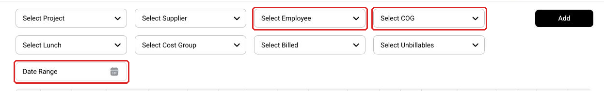 The Employee, COG and Date Range filters on the Expenses page