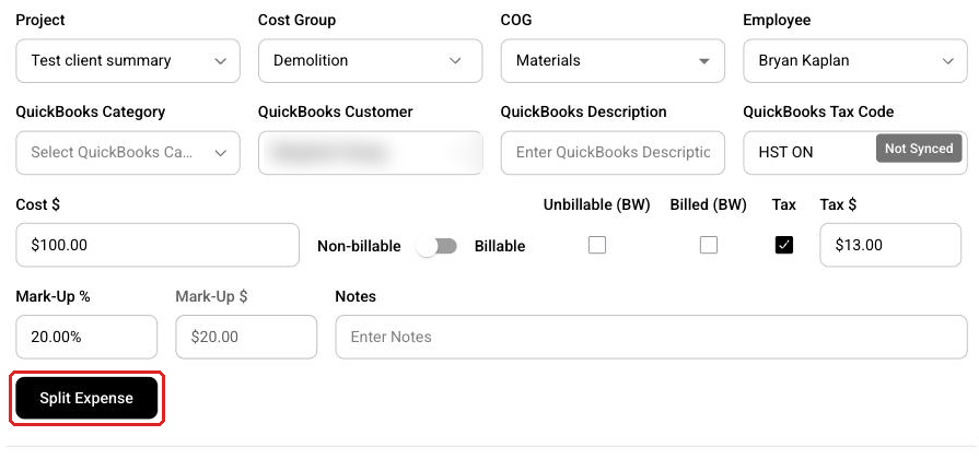 The Split Expense button in the expense preview window