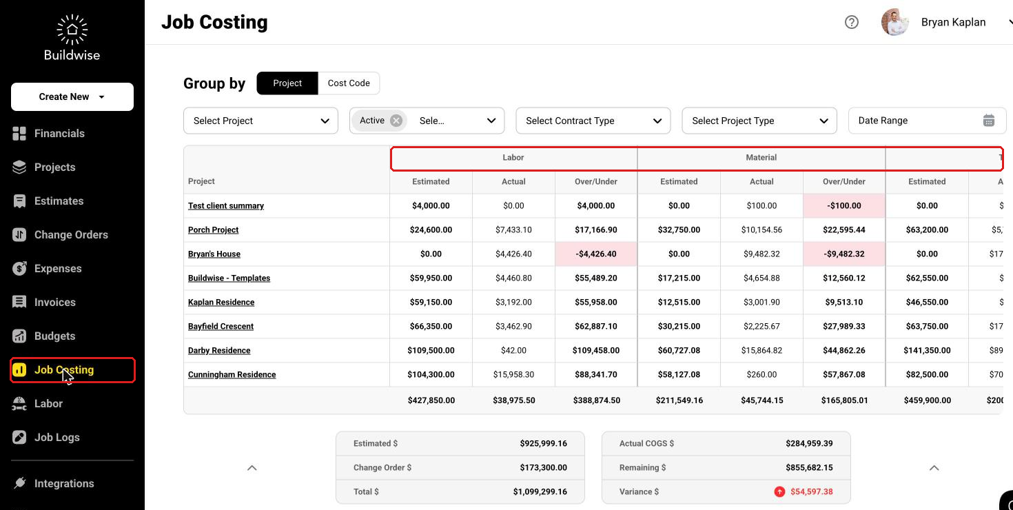 Job Costing in the left sidebar and the Labor, Material and Trade column groups