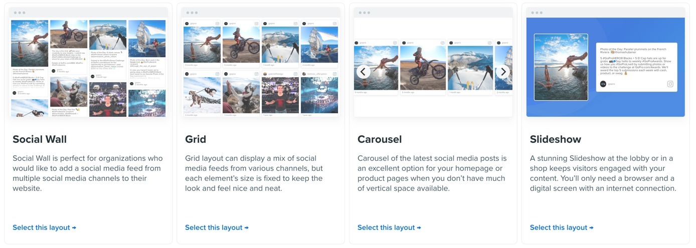 Flockler display layouts for social media feeds