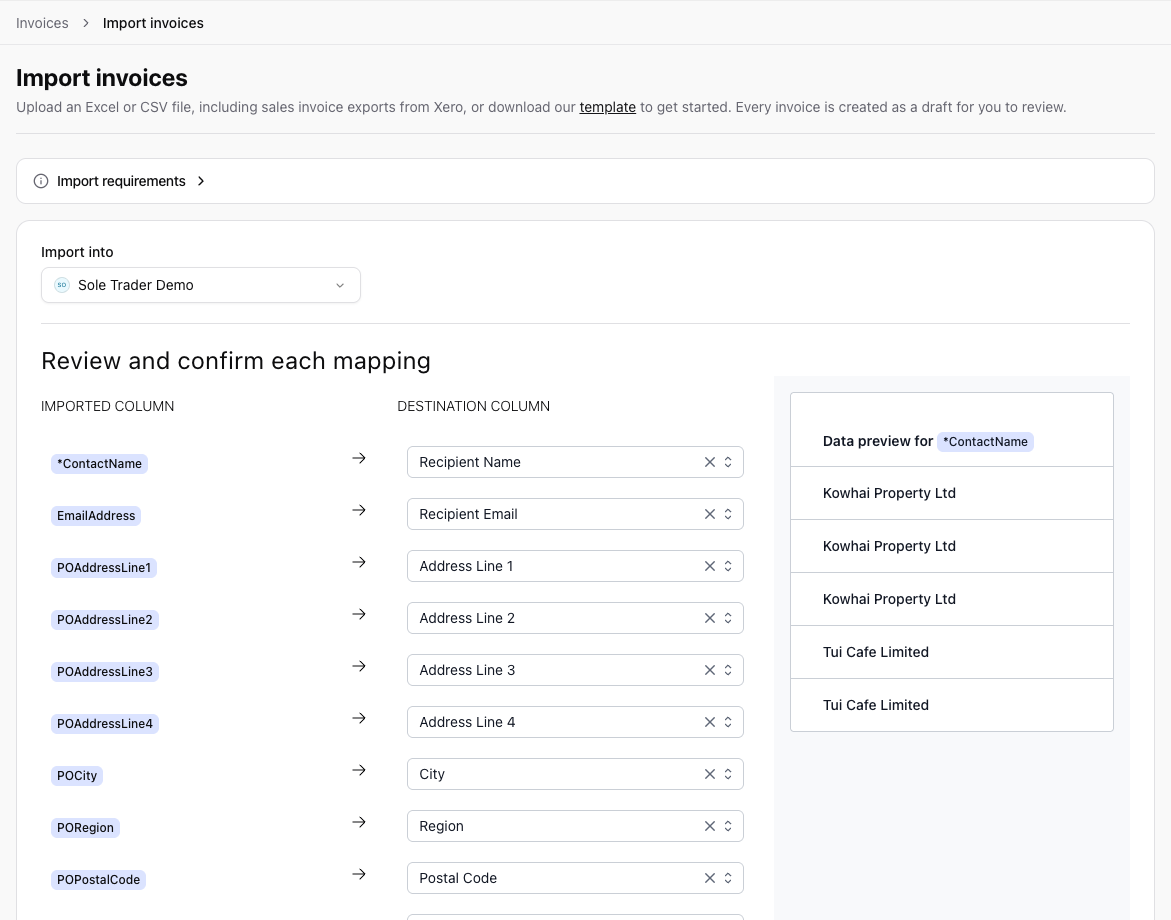 Import invoices page showing an entity and the column mapping for an invoice spreadsheet