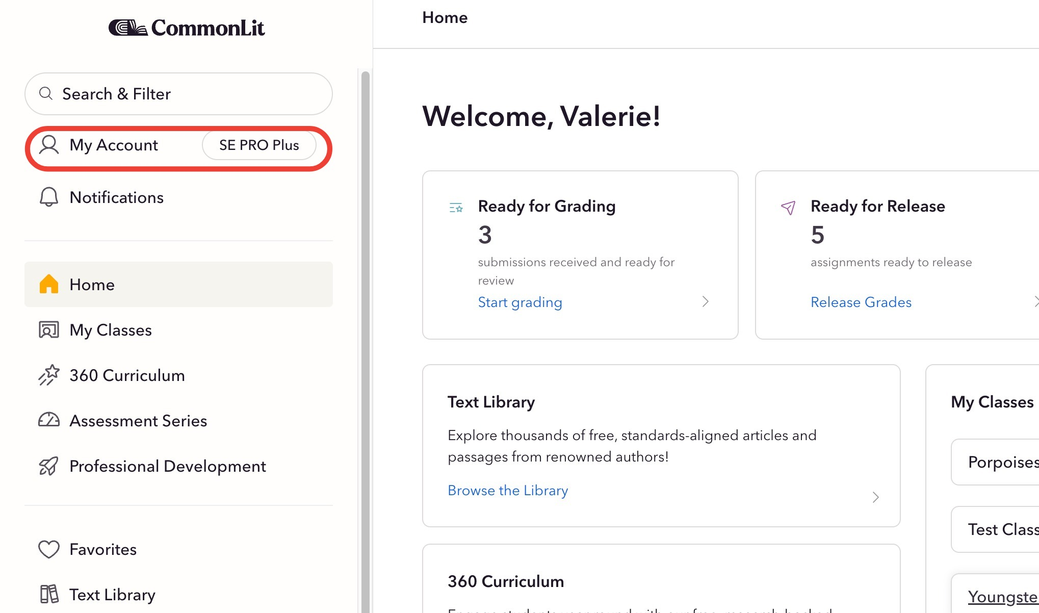 Screenshot of CommonLit homepage that has the My Account menu option highlighted in red