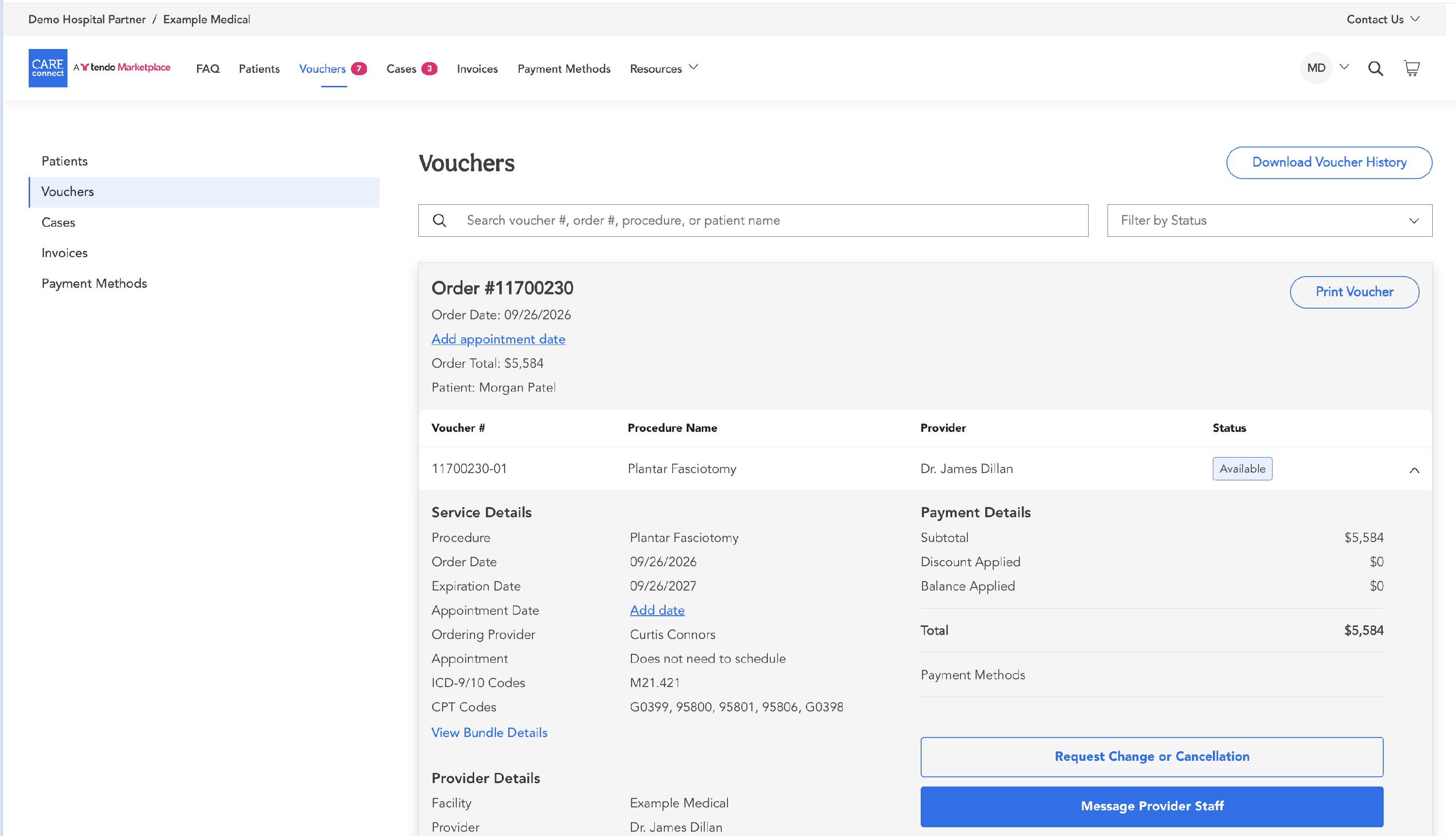 A voucher's details in Care Connect, with the Message Provider Staff button below Request Change or Cancellation
