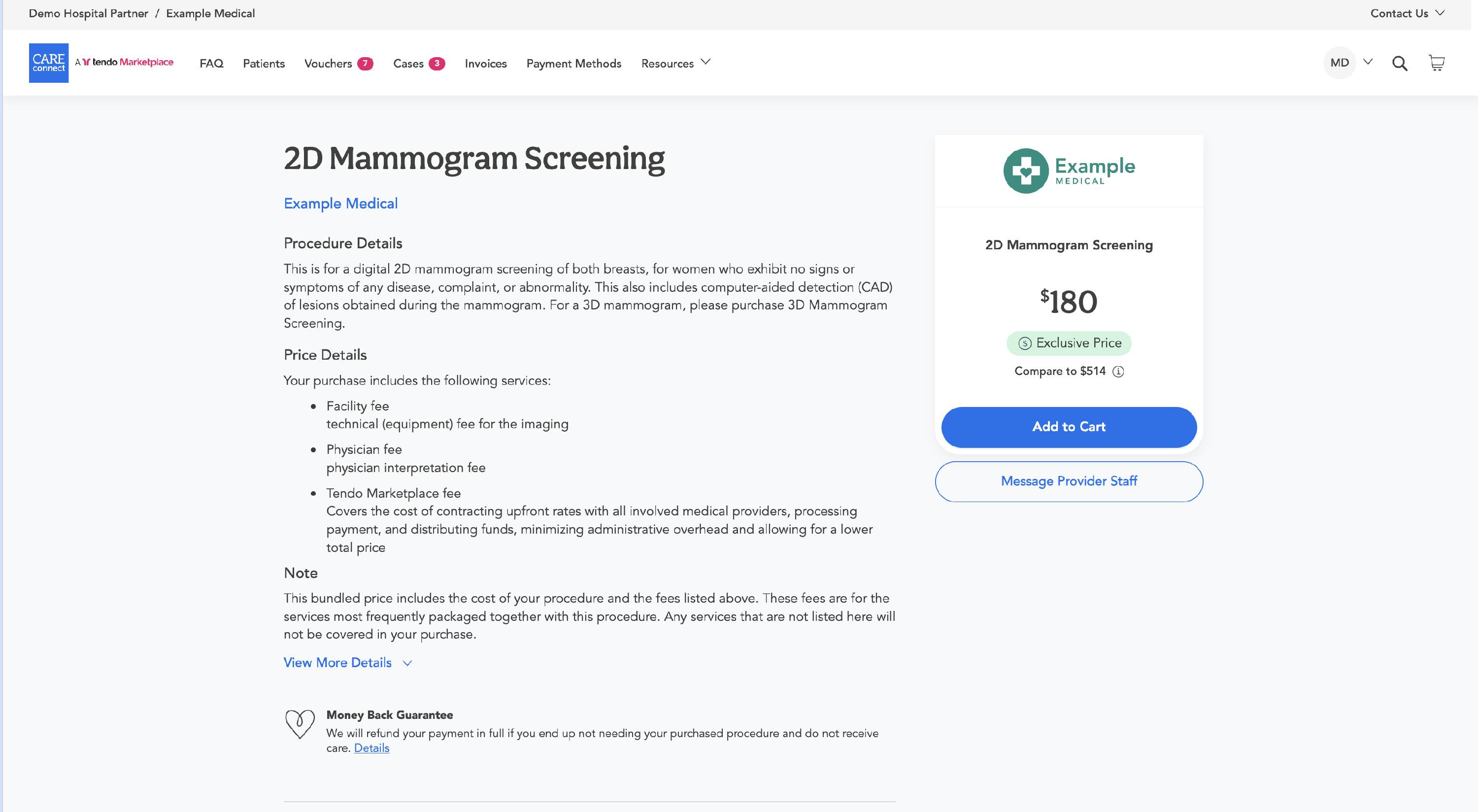 An offer page with the Message Provider Staff button below Add to Cart